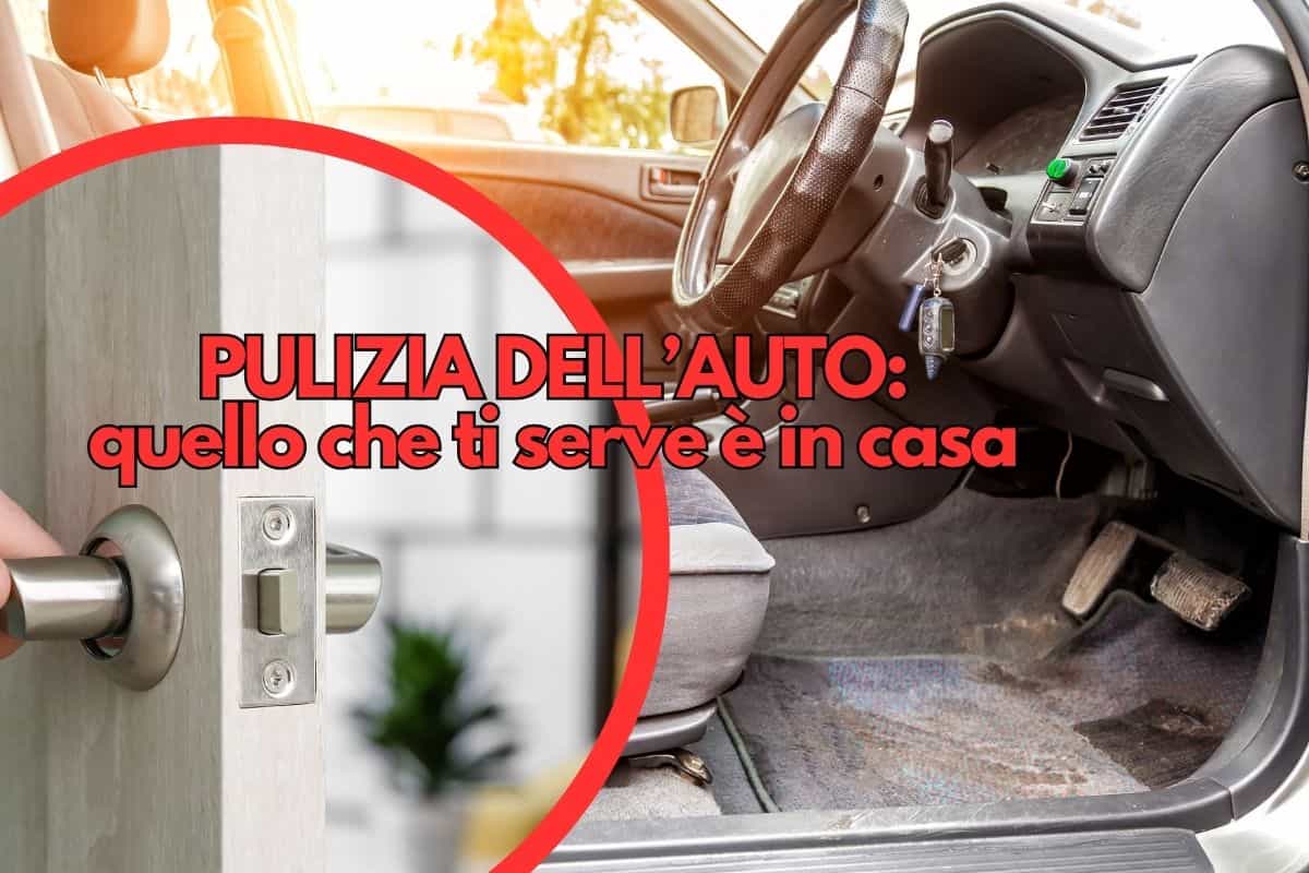 Auto sporca e in una cornice rotonda l'apertura della porta di casa