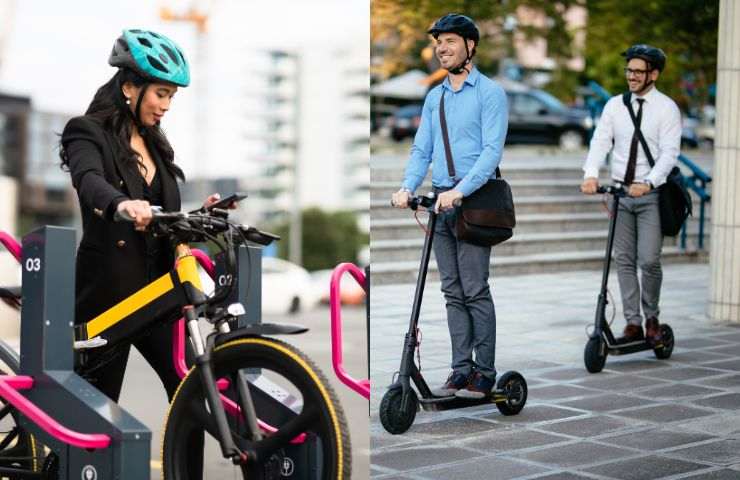 E-bike in carica e persone su monopattini elettrici