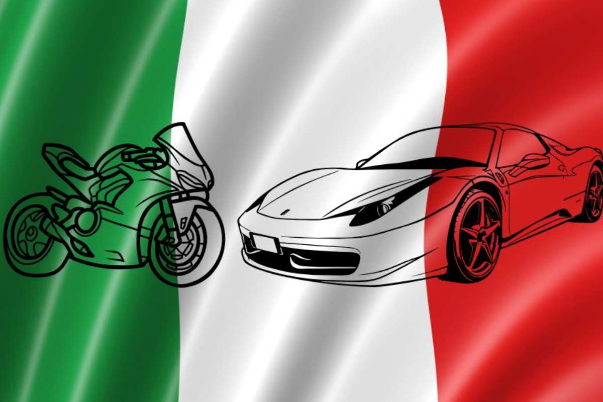 La bandiera italiana con due disegni di una moto e una supercar