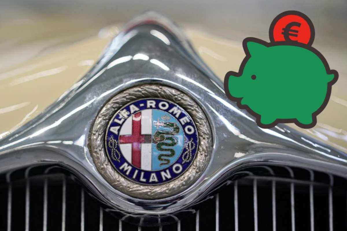 Alfa Romeo logo su frontale auto e il disegno di un maialino verde con un euro rosso