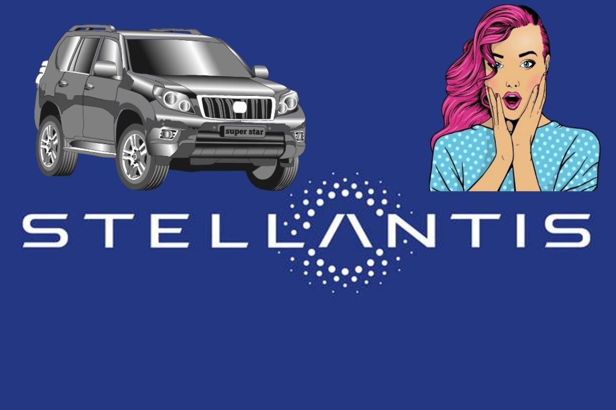 Il logo Stellantis, in alto a sinistra il disegno di un SUV e in alto a destra il disegno di una donna stupita