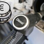 A sinistra il disegno di monete euro e l'immagine di un distributore diesel