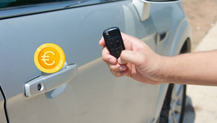 La portiera di un'auto, il disegno di una moneta, una persona tiene in mano il telecomando dell'auto