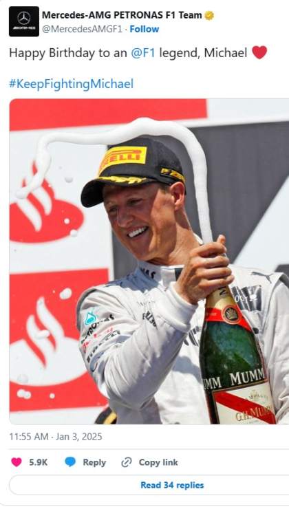 Il post della Mercedes per il compleanno di Schumacher