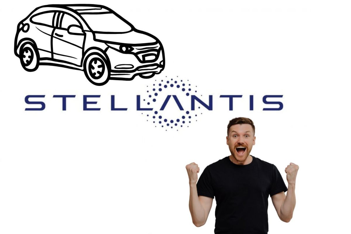 Il logo Stellantis, il disegno di un'auto in alto a sinistra e in basso a destra un uomo festeggia