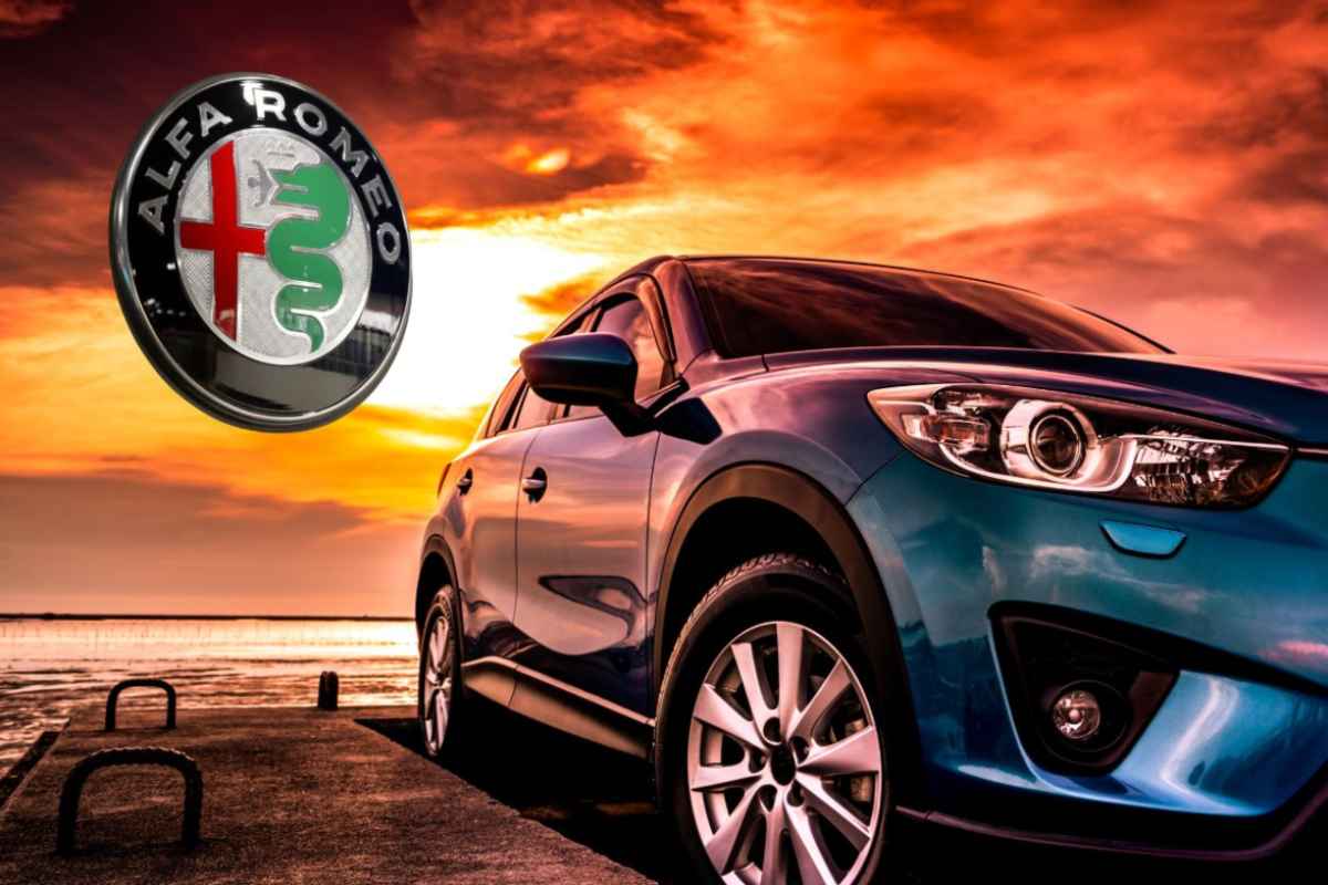 Un SUV parcheggiato e a sinistra il logo Alfa Romeo